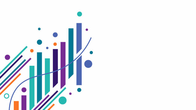 Dynamic business chart background with stylized bar graphs and floating circles in vibrant purple and teal colors on a white background for data visualization concepts