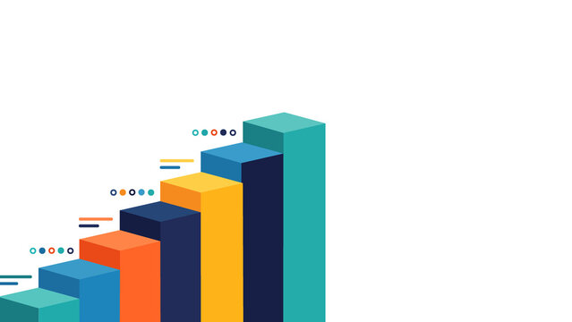 Three dimensional bar chart illustration with ascending colorful blocks on a white background representing business growth and data analysis concepts for reports