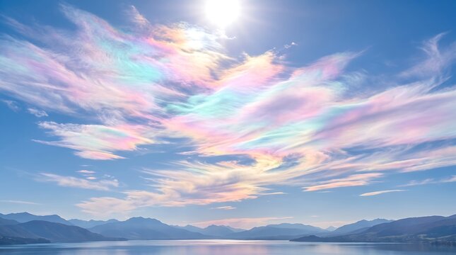Rainbow clouds glowing in sunny blue sky above water