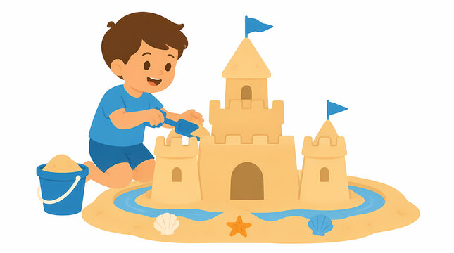 Child building sandcastle with shovel on beach surrounded by seashells and starfish under sunny sky