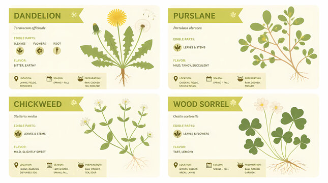 Edible Wild Plants Infographic Illustration Featuring Dandelion Purslane Chickweed Wood Sorrel with Botanical Details and Preparation Methods