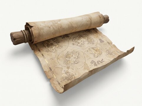 Aged vintage treasure map scroll with wooden rollers and nautical compass rose