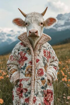 serene cow wearing a floral quilted coat with forelegs tucked in pockets, standing in a wildflower meadow with distant mountains under a cloudy sky