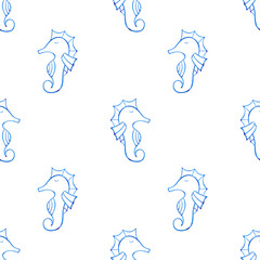 Seamless pattern with seahorse blue line art. Mediterranean underwater reef watercolor illustration. © Lena