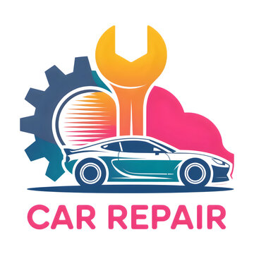 Car repair logo with wrench gear and sports car isolated on transparent background