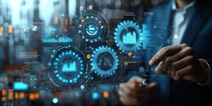 hands of a suited professional interacting with glowing blue holographic data interface showing gears, charts and a blurred city skyline conveying focused futuristic innovation