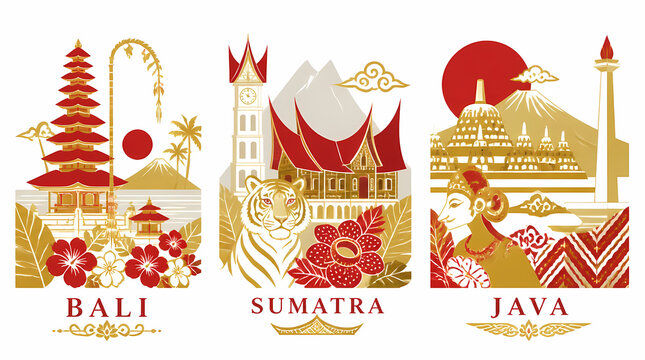 Indonesian Cultural Icons Illustration Featuring Bali Sumatra Java with Traditional Architecture Animals and Floral Patterns in Gold Color Scheme