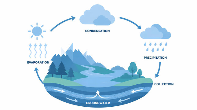 Water Cycle Diagram Illustration Showing Evaporation Condensation Precipitation Collection Groundwater Flow in Mountainous Landscape with Trees and Rivers