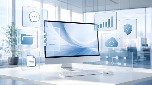 Computer screen with digital interface icons and data visualization