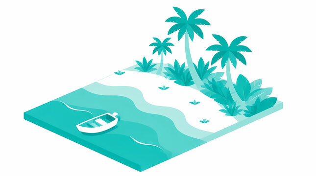Isometric beach scene with palm trees and small boat floating on turquoise water near white sand