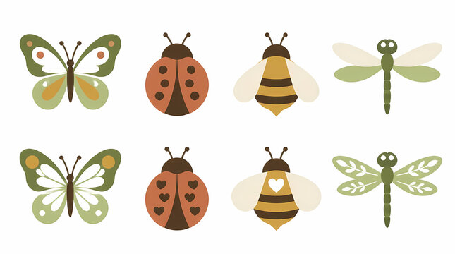 Insect vector illustrations featuring butterfly, ladybug, bee, and dragonfly with flat design style in nature setting