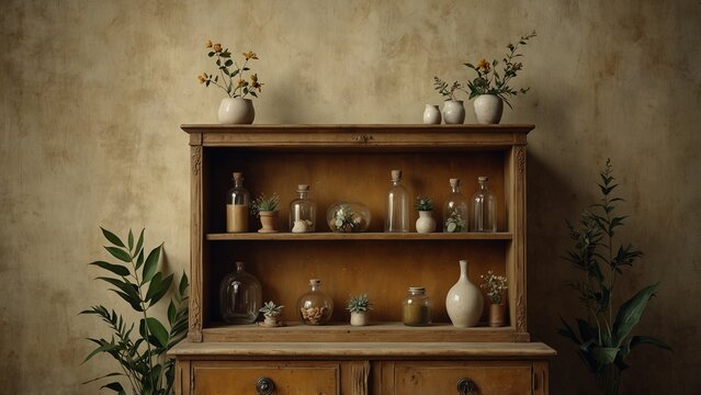 A wooden cabinet with vases on top of it