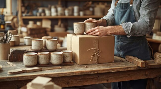hands of a potter packing handmade ceramic mugs into a twine tied cardboard box on a rustic wooden workbench, warm cozy atmosphere and careful focused craftsmanship