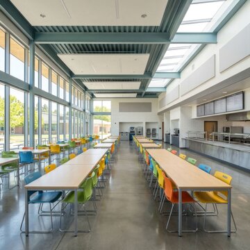 Modern Cafeteria with Natural Light and Colorful Seating.
