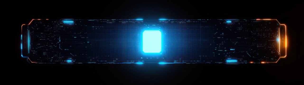 glowing horizontal digital interface bar with central blue core, circuit patterns and orange edge highlights on a dark background, sleek mysterious futuristic energy display