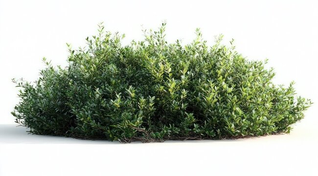 Low dense evergreen shrub with glossy green leaves on a white background, bright lighting conveying calm natural freshness