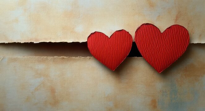 two textured red paper hearts tucked into a torn vintage beige paper slit, warm romantic scene evoking tender affection and intimate handmade sentiment