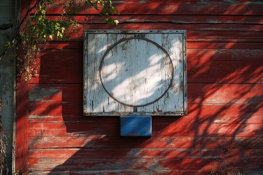 Weathered wooden basketball backboard with faded circle on peeling red siding, blue mounting box, climbing vine and long tree shadows, nostalgic quiet atmosphere