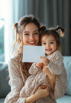 Smiling mother and toddler daughter in matching spotted dresses hugging on a couch and holding a blank white card, warm affectionate home portrait
