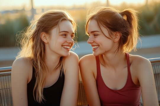 Two young women sitting on a bench at sunset, wearing tank tops and leaning toward each other in warm backlit golden hour light, sharing a relaxed intimate cheerful conversation