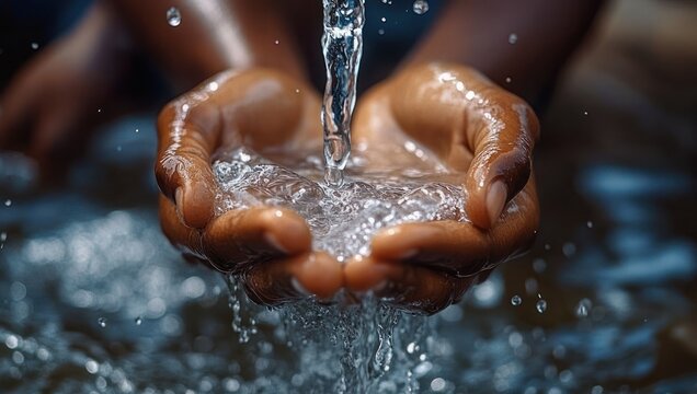 Cupped dark-skinned hands catching clear flowing water with splashing droplets, evoking relief and quiet gratitude