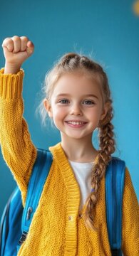young student with braided hair in yellow knit sweater and blue backpack raising fist in confident triumphant pose with face blurred against teal background