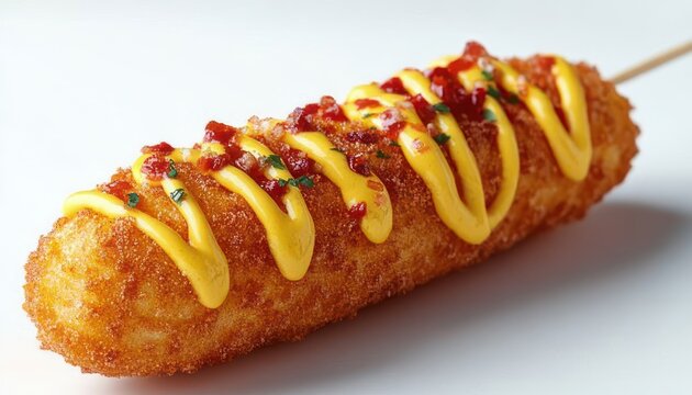 crispy fried corn dog on a stick with yellow mustard drizzle and red garnish, golden crunchy coating, appetizing close-up on white background