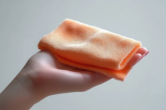 Hand gently holding a folded orange microfiber cloth on a soft neutral background conveying cleanliness and calm