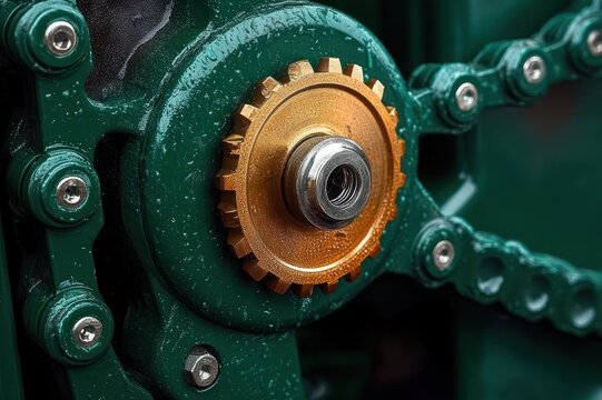 Close-up of green painted industrial machinery with golden sprocket gear, metal drive chain, bolts and nut conveying precision and mechanical strength