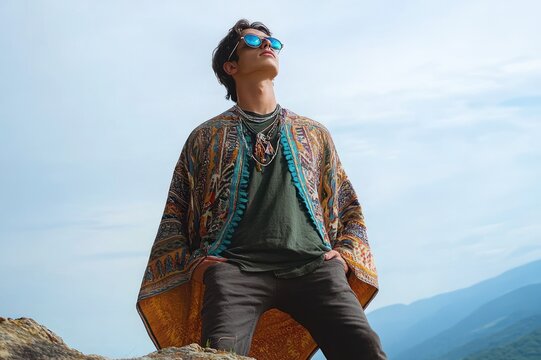 person in colorful patterned shawl and layered necklaces standing on a rocky cliff overlooking blue mountains, looking upward with a contemplative, free expression