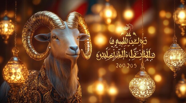 majestic golden-horned ram wearing ornate embroidered cloth beside glowing hanging lanterns and elegant golden arabic calligraphy in a warm festive mood