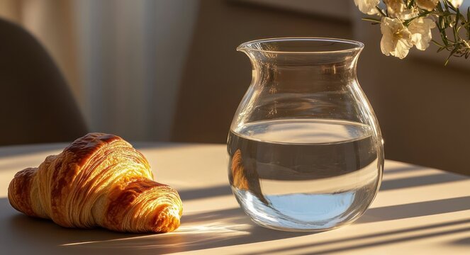 golden flaky croissant and clear glass pitcher of water on a sunlit table with delicate white flowers, warm morning calm and soft shadow play