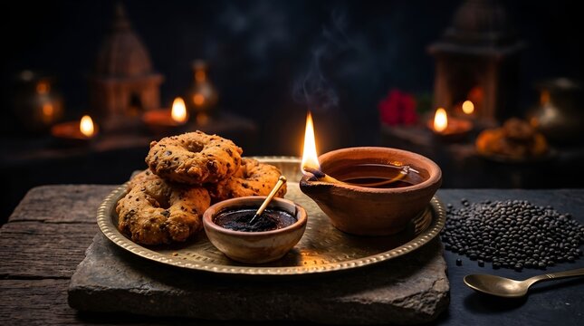 Kali Chaudas Festival Ritual Setup with Diya, Medu Vada and Urad Dal
