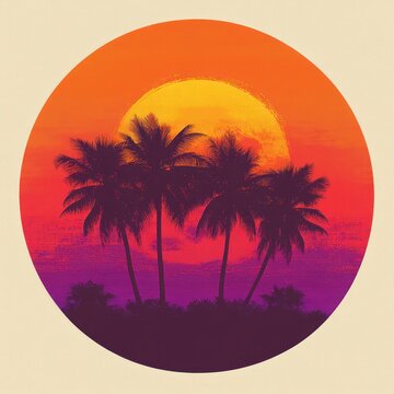 Silhouetted palm trees against a vibrant orange, pink and purple retro sunset in a circular frame &mdash; serene tropical dusk with warm nostalgic calm