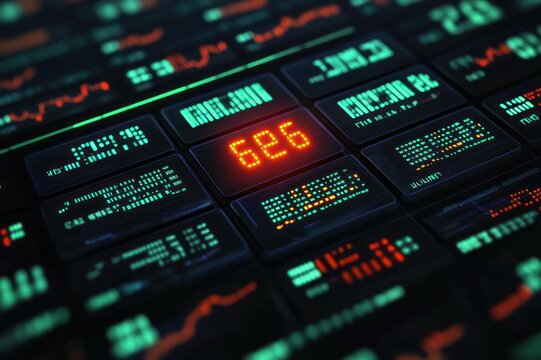 neon-lit digital trading panels with glowing stock tickers, numbers, mini charts and data tiles conveying intense, fast-paced market activity