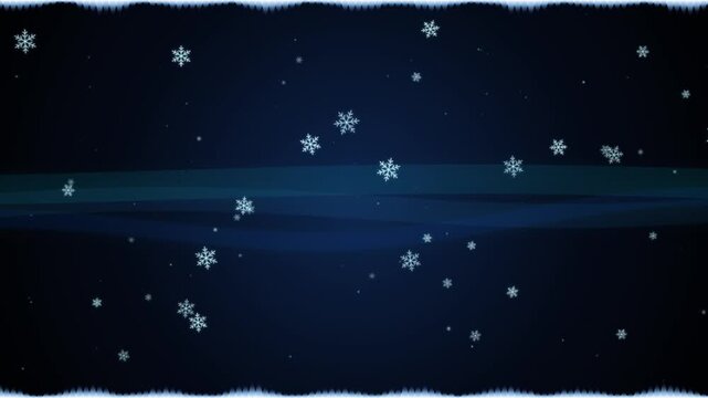 Falling white snowflakes moving slowly on deep dark blue gradient background with smooth wavy flowing lines and icy border frames for festive winter motion video.