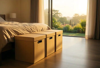Fototapeta premium Relocation and moving house, cardboard boxes packed for moving day in a bedroom with morning sunlight and garden view for residential real estate