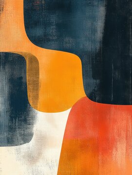 Textured abstract composition of flowing curved shapes in deep navy, warm orange, red and cream, evoking serene movement and vintage warmth