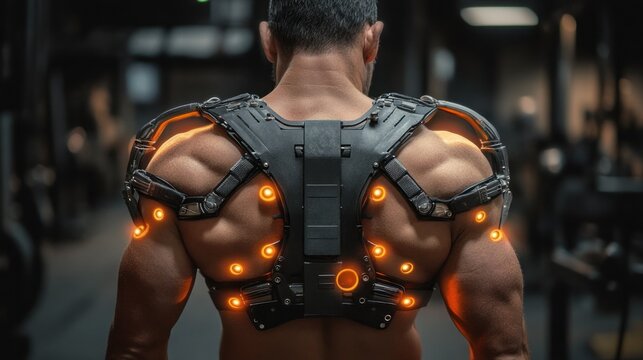muscular athlete seen from behind wearing a futuristic exoskeleton harness with glowing orange lights in a dim gym, evoking power and intense focus