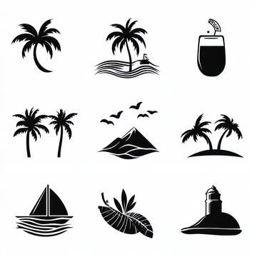 nine black tropical and nautical silhouettes showing palm trees, waves, sailboat, cocktail, mountain with birds, island, lighthouse and tropical leaf with a relaxed vacation mood