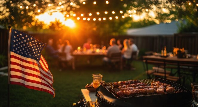 warm summer backyard barbecue at sunset with american flag, sizzling grill of meats and friends gathered under string lights for a relaxed festive outdoor dinner