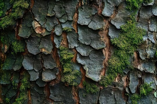 close-up of weathered tree bark with peeling dark plates and vibrant green moss, textured earthy surface evoking calm and timeless nature