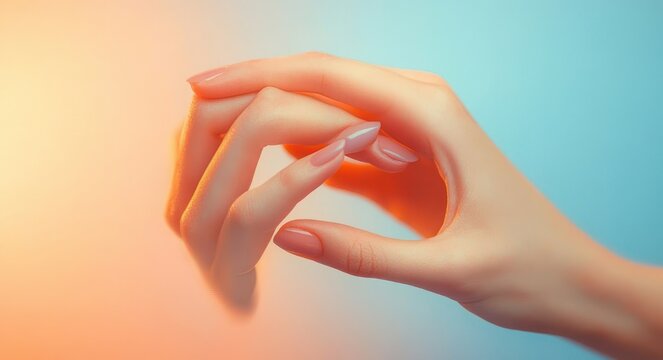 manicured hands in a delicate circular gesture over warm orange and cool blue gradient, elegant and serene