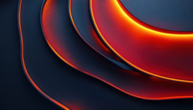 Stacked curved metallic layers with glowing orange-red edges on a dark textured background, creating a futuristic energetic mood
