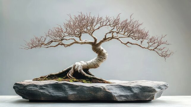 leafless bonsai with twisted pale trunk and delicate bare branches on flat stone slab with mossy exposed roots in a minimalist serene display
