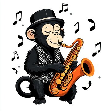 joyful cartoon chimpanzee in top hat and patterned vest playing a saxophone surrounded by musical notes