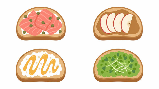 Assorted fresh toasted bread slices with salmon capers honey ricotta cheese apple and smashed avocado toppings for healthy breakfast snacks catering menu items served on a rustic wooden dining