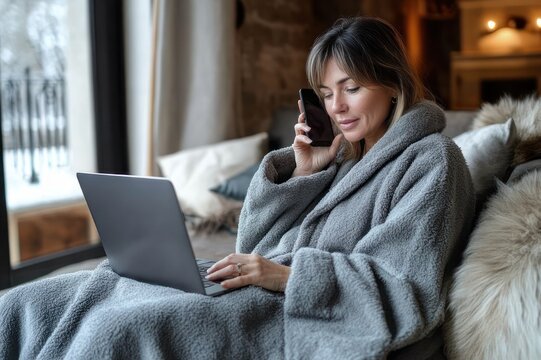 woman in a plush gray robe sitting on a couch with a laptop on her lap and holding a phone to her ear by a snowy window, relaxed and focused in a cozy living room