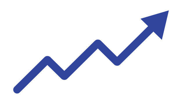A bold blue line graph shows an upward trend with sharp peaks and valleys culminating in an arrow pointing upwards