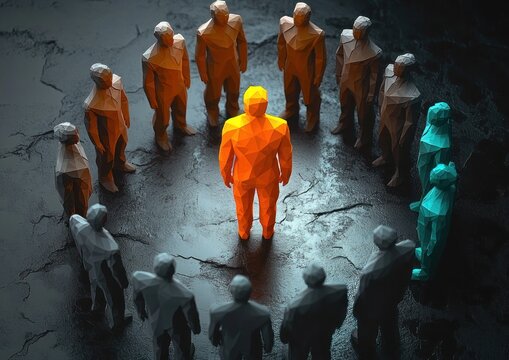 Orange faceted figure highlighted in the center of a circle of gray and teal polygonal figures on a wet dark floor, evoking isolation and intense scrutiny